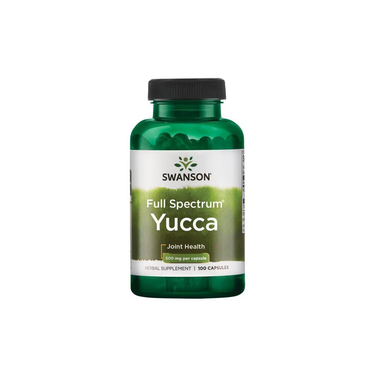 Swanson Full Spectrum Yucca dietary supplement for joint health, made with Mojave yucca, comes in a green bottle with 100 capsules at 500 mg each.